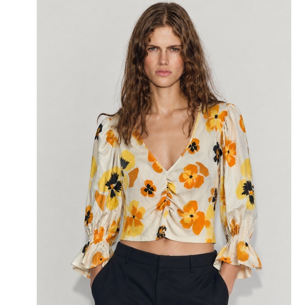 Zara Floral Ruched Crop Top Orange Yellow Puff Sleeve Size M